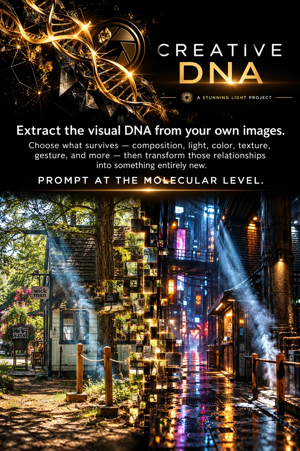 Creative DNA image study transforming rustic light into neon night